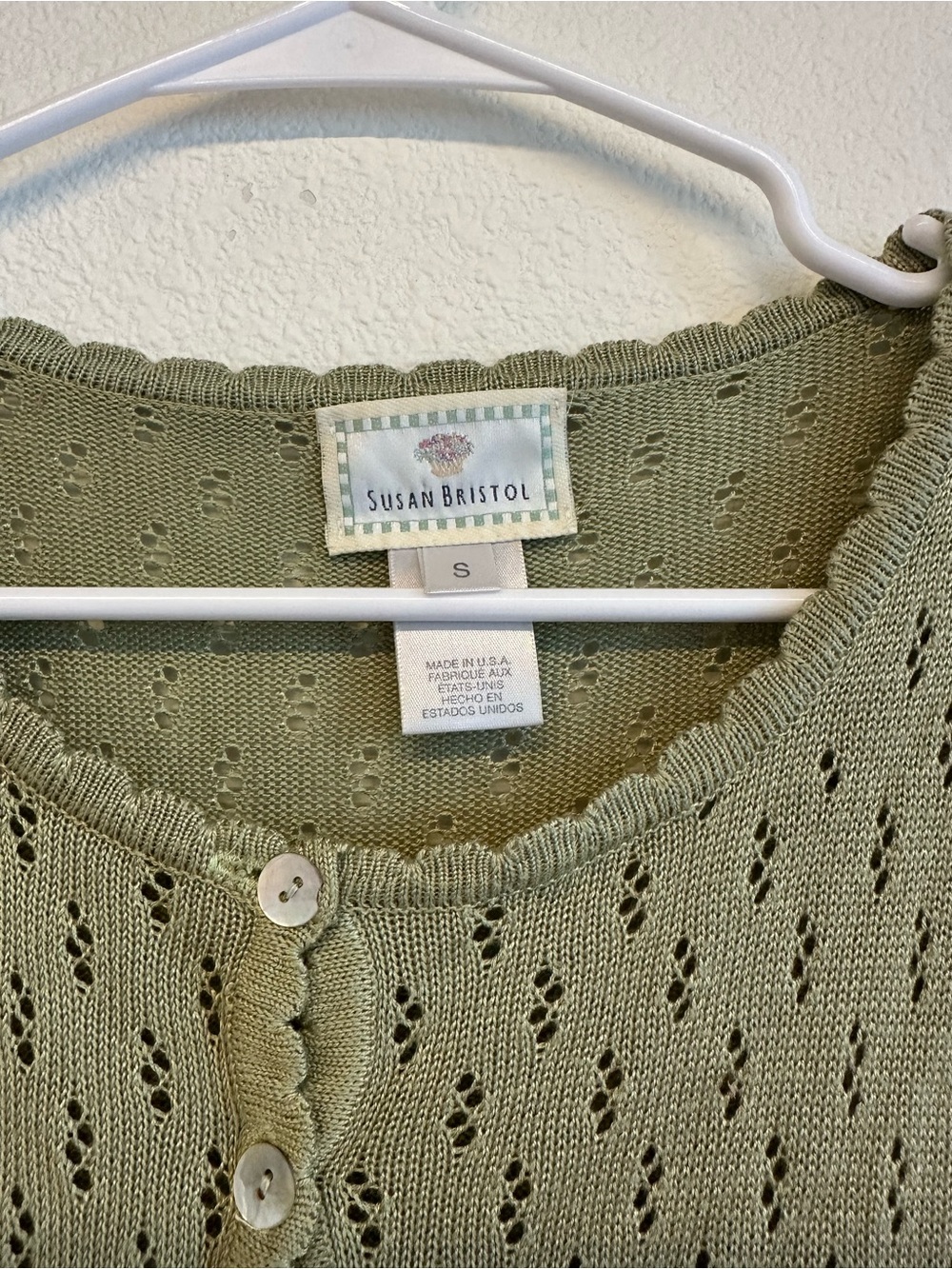 Susan Bristol Light Olive Eyelet Knit Button-Up Top - Picture 2 of 3